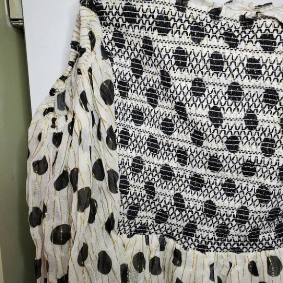 Anthropologie Rocco sand polka dot mini off shoulder smocked dress  black white - Picture 5 of 13